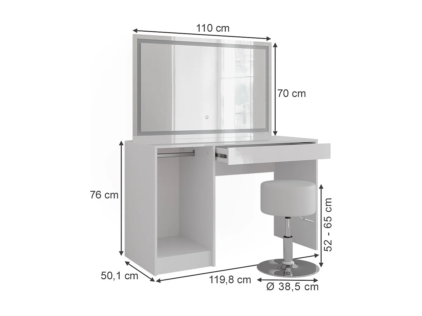 Vanity table white/white high gloss 119.8x50.1x76 sherry