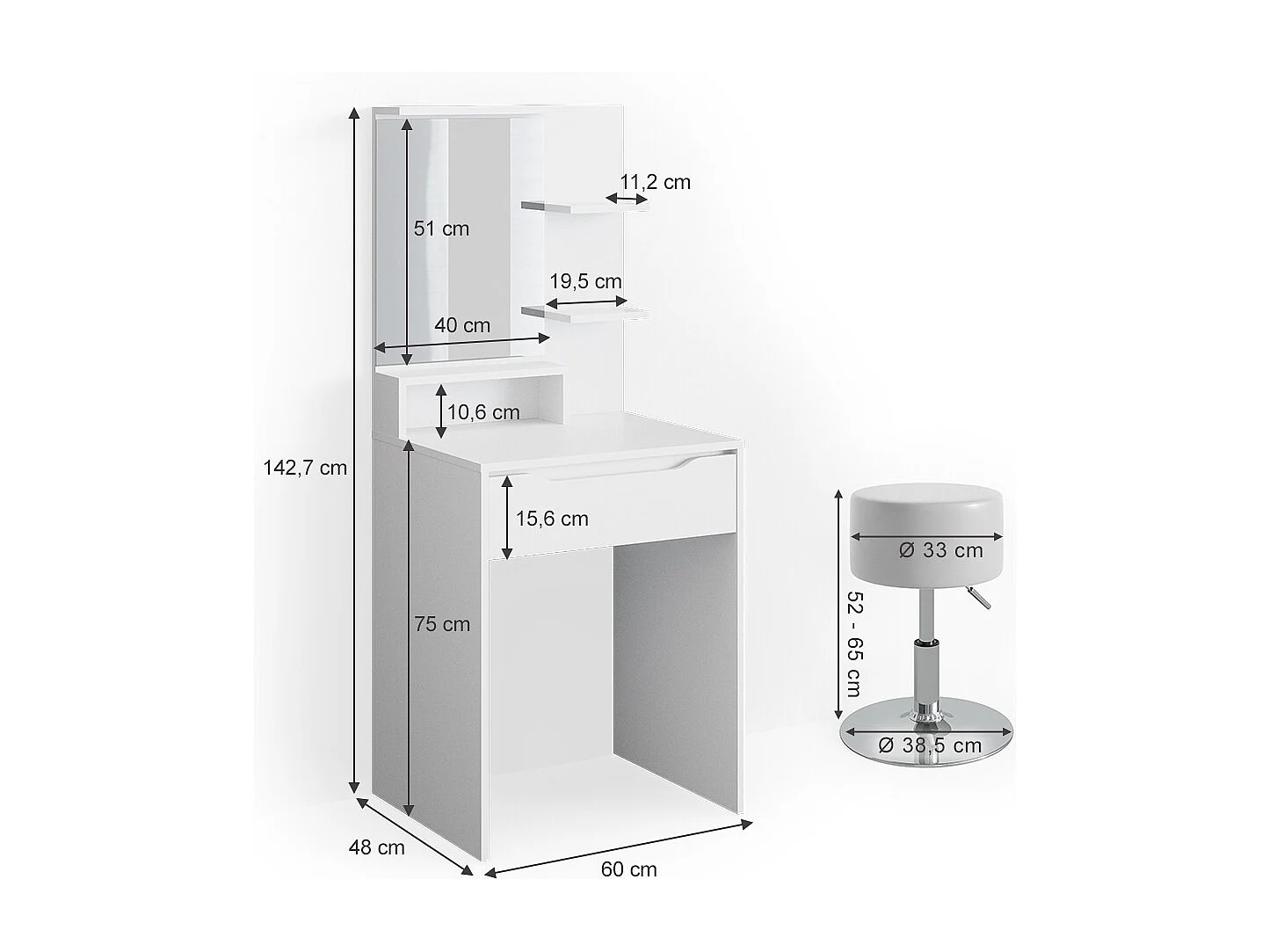 Vanity table white 60x48x142.7 ruben