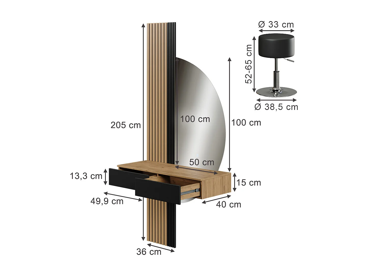 Coiffeuse chêne/noir 100x40x205 melina