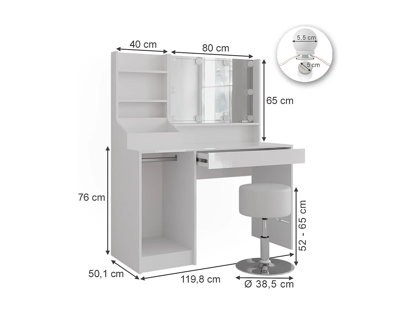 Vanity table white/white high gloss 119.8x50.1x76 sherry