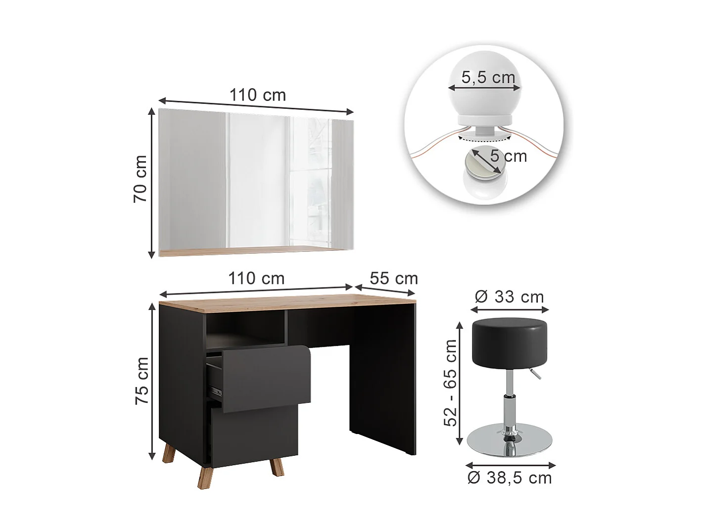 Coiffeuse anthracite/artisan 110x55x75 karen