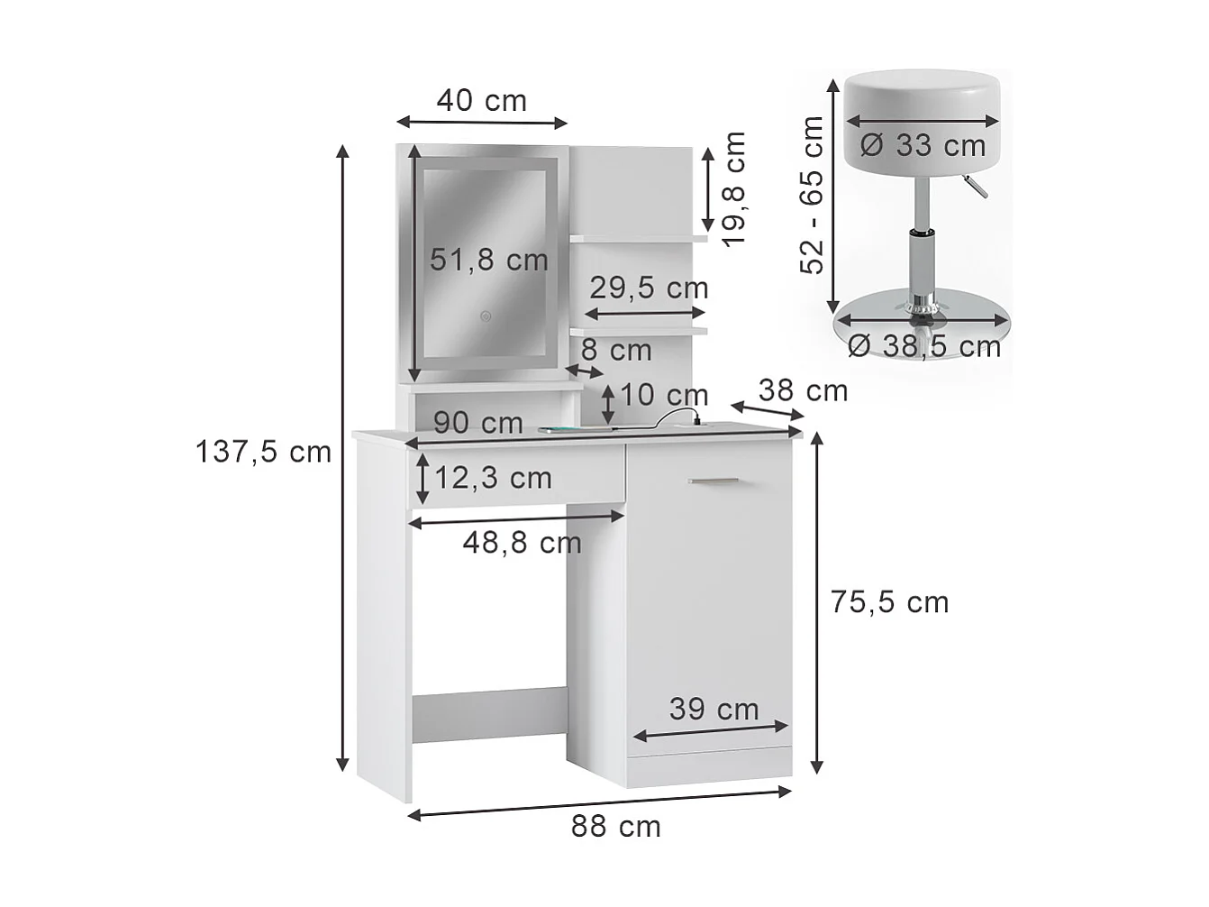 Tocador blanco 90x38x137.5 julia