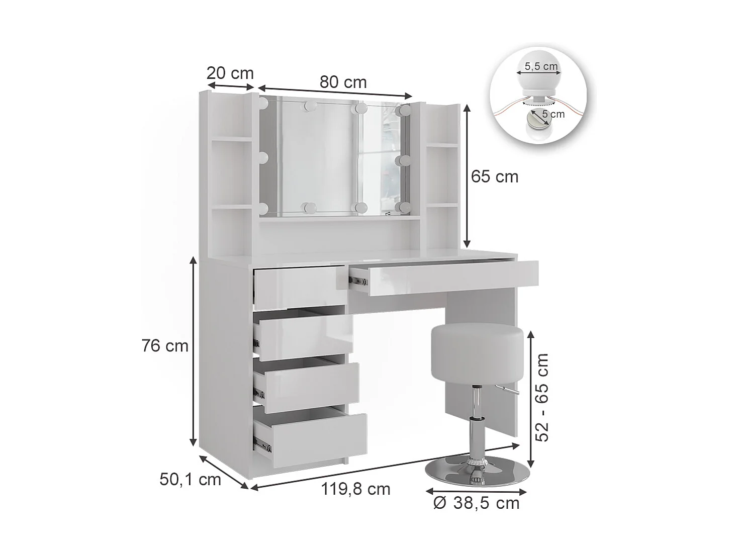 Schminktisch weiß/weiß hochglanz 119.8x50.1x76 sherry