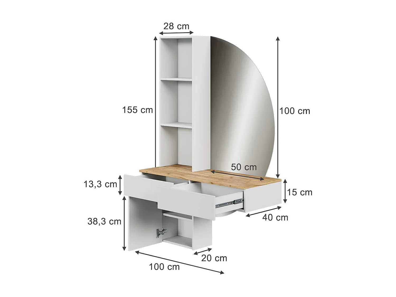 Tocador blanco/roble 100x40x155 melora