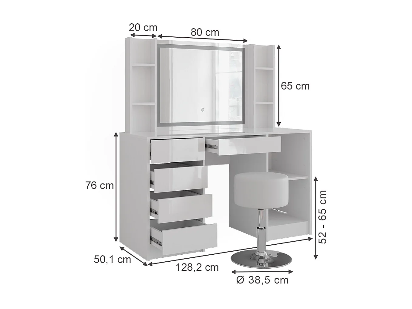 Kaptafel set met kruk wit/wit hoogglans 128.2x50.1x76 sherry