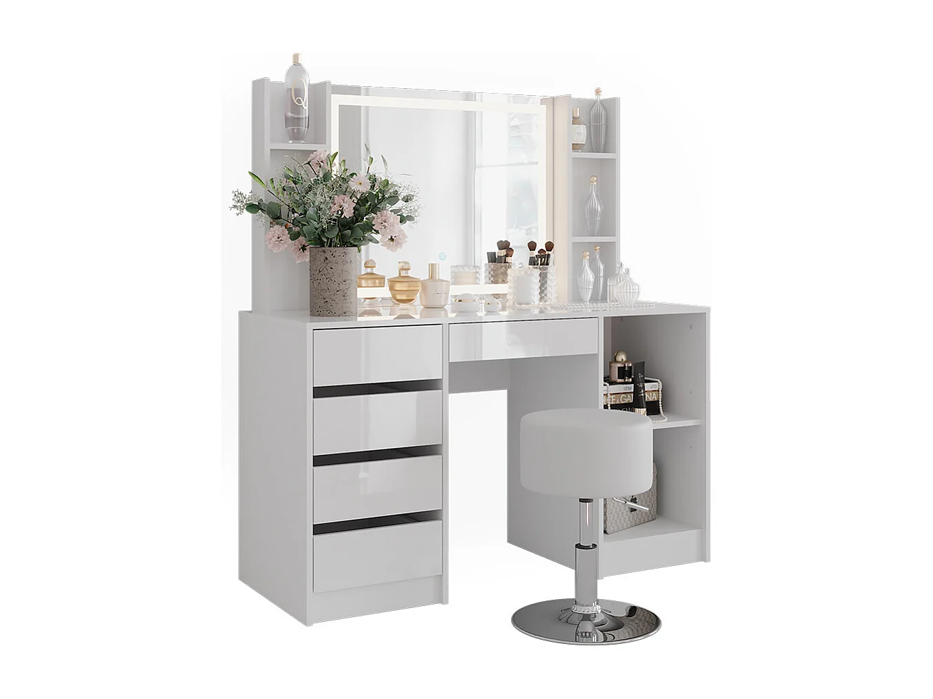 Kaptafel set met kruk wit/wit hoogglans 128.2x50.1x76 sherry