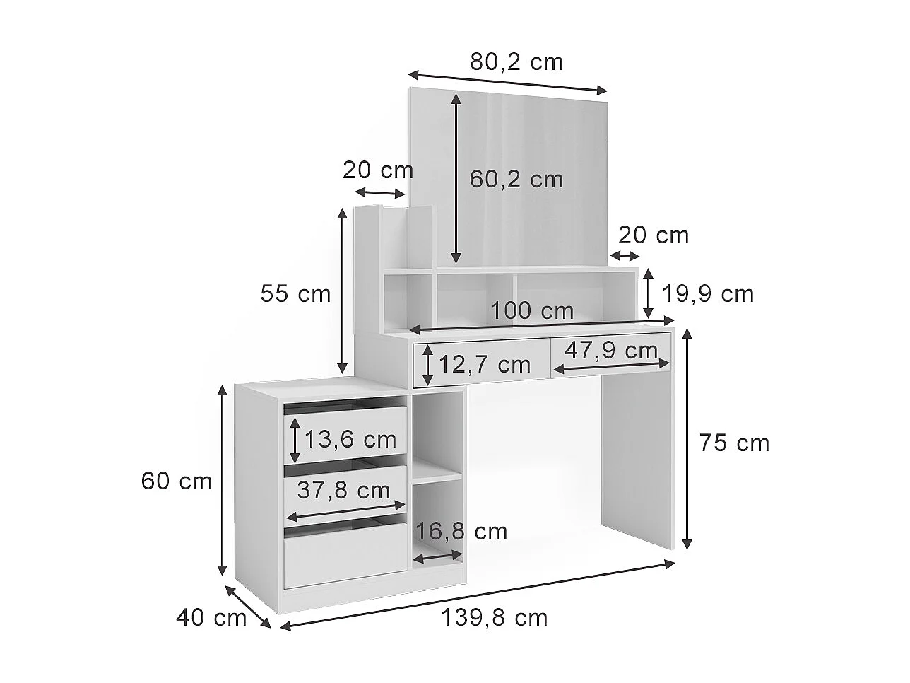 Frisørbord hvid 139.8x40x115 anja