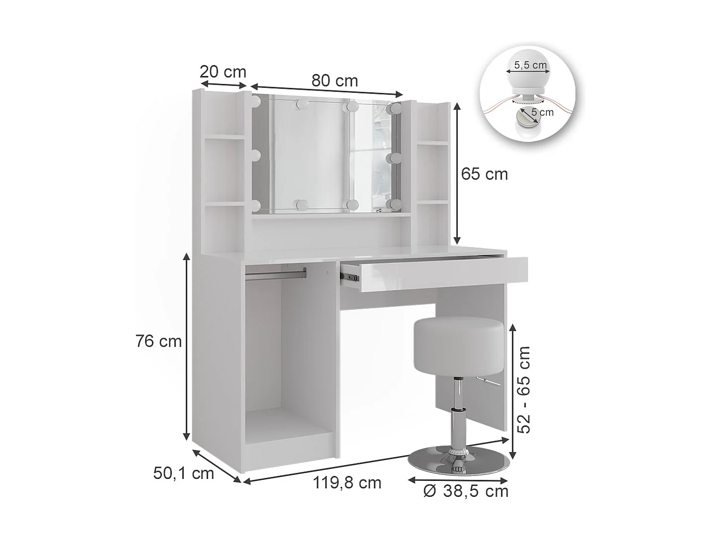 Kaptafel wit/wit hoogglans 119.8x50.1x76 sherry