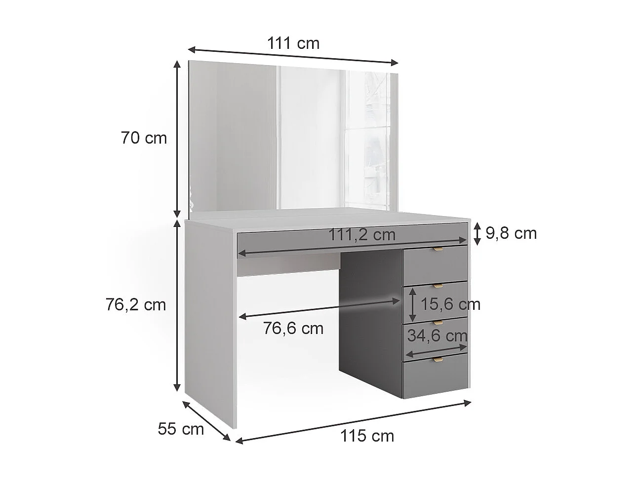 Penteadeira branco/cinza/cinza 115x55x76 elise