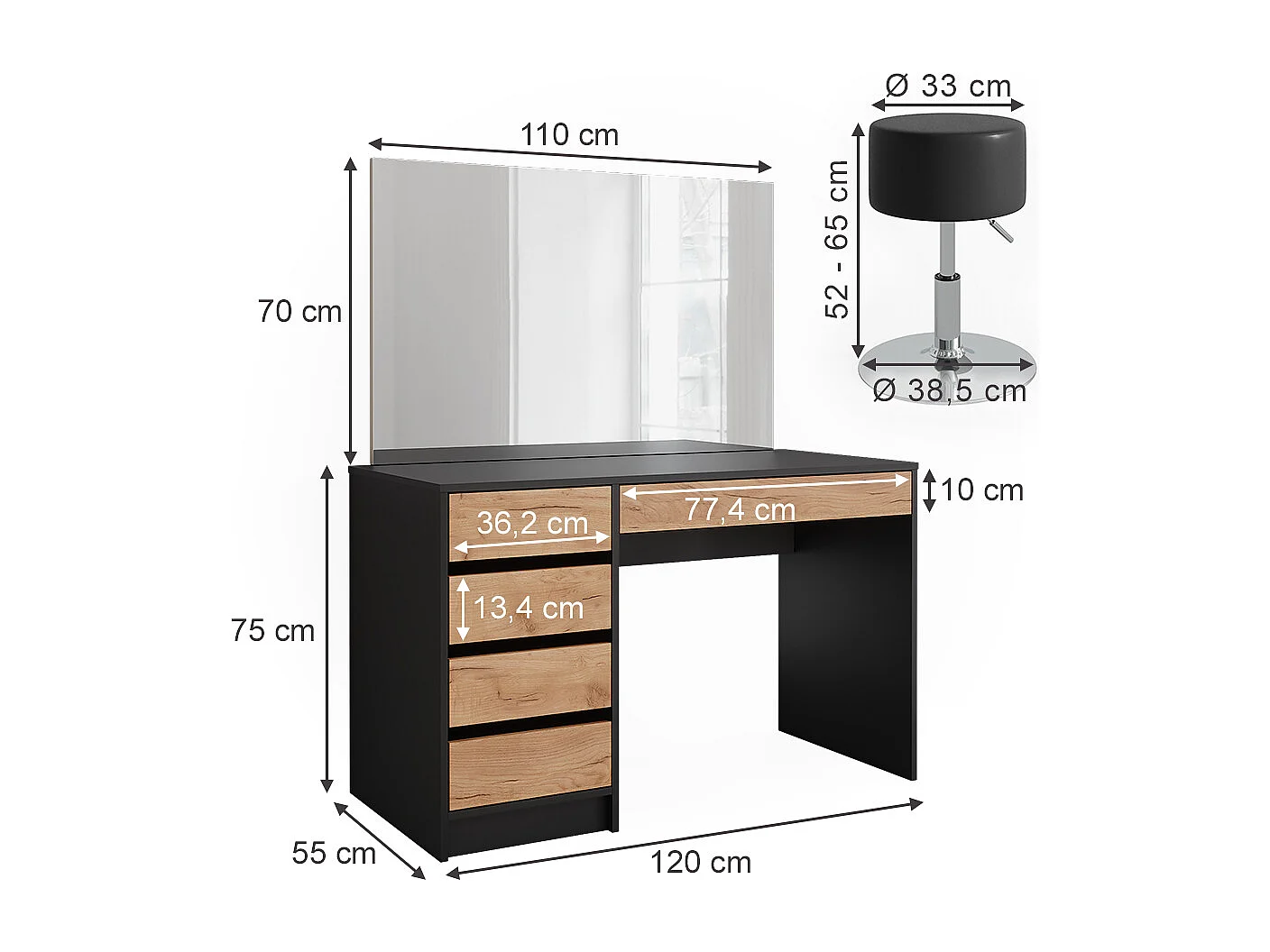 Coiffeuse anthracite/chêne doré 120x55x75 sherry