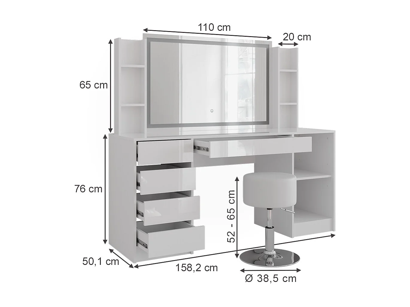 Kaptafel set met kruk wit/wit hoogglans 158.2x50.1x76 sherry