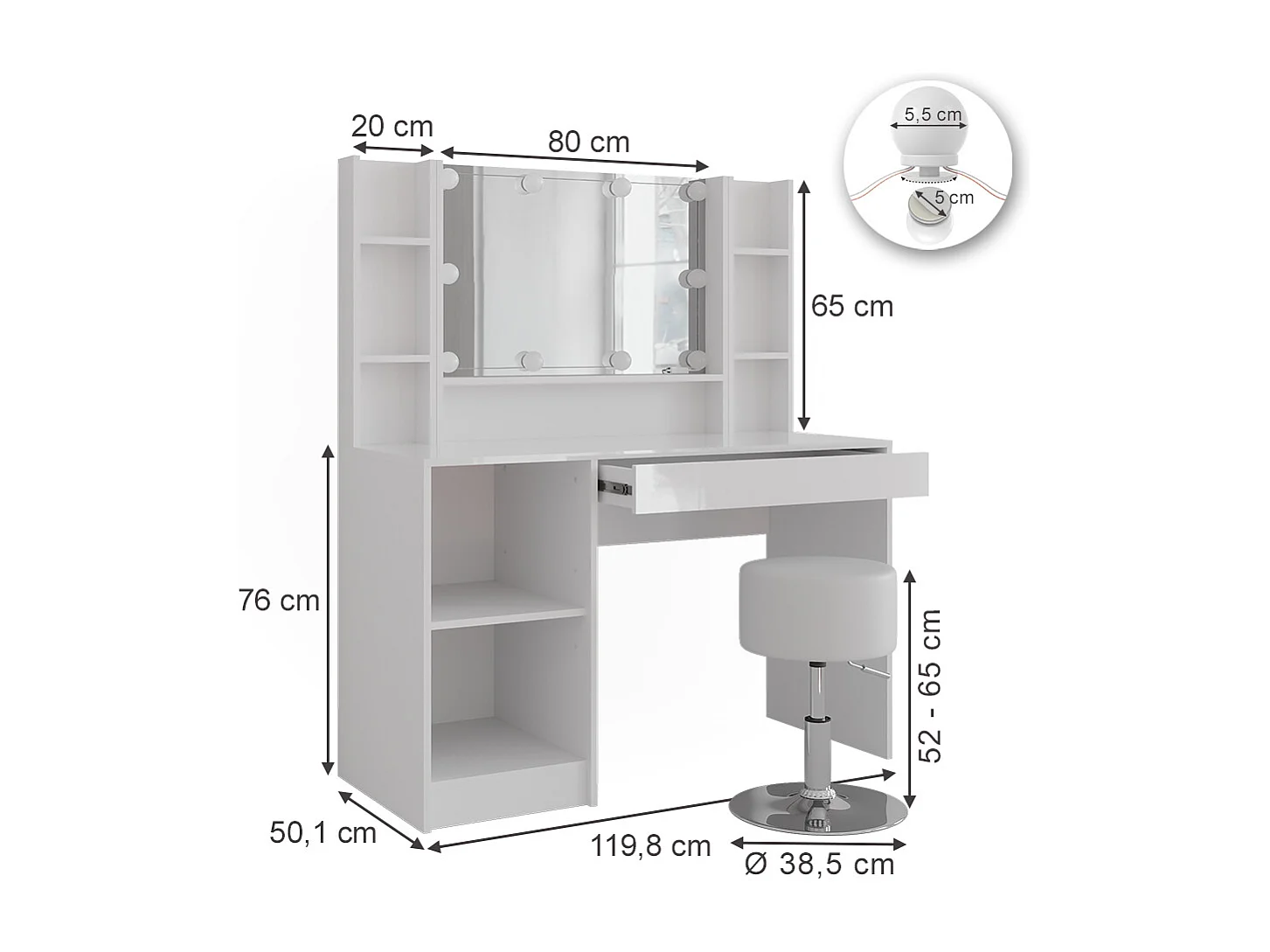 Kaptafel set met kruk wit/wit hoogglans 119.8x50.1x76 sherry