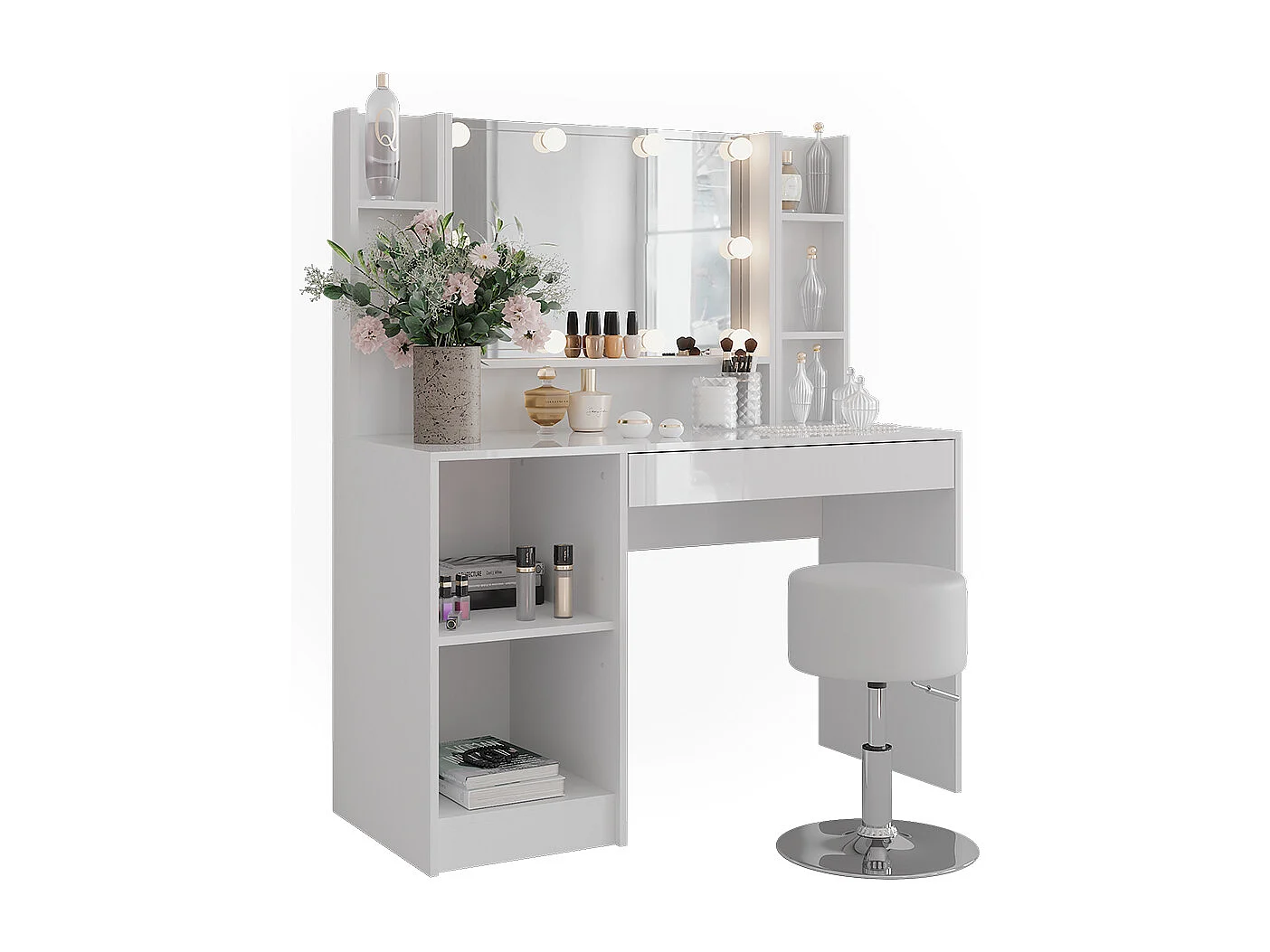 Kaptafel set met kruk wit/wit hoogglans 119.8x50.1x76 sherry