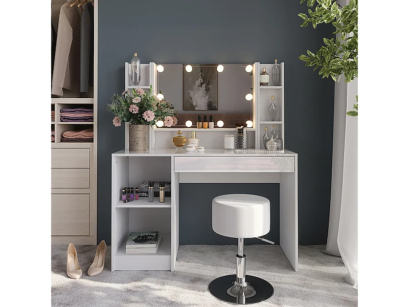 Kaptafel set met kruk wit/wit hoogglans 119.8x50.1x76 sherry