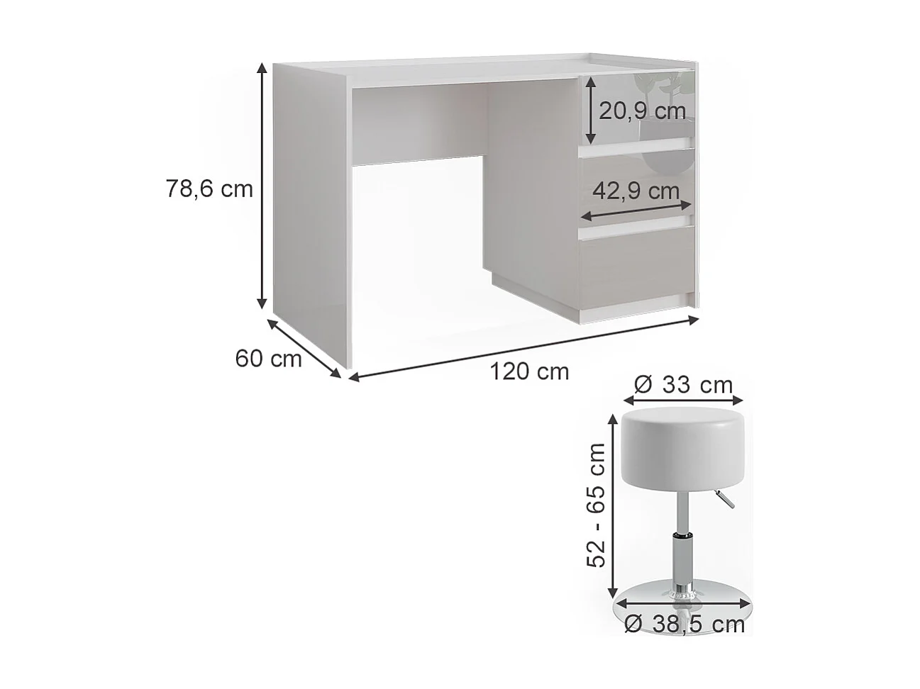 Dressing table white high gloss 120x60x78.6 marla