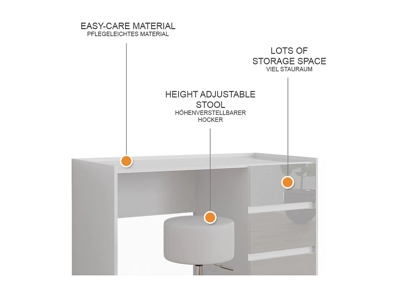 Dressing table white high gloss 120x60x78.6 marla