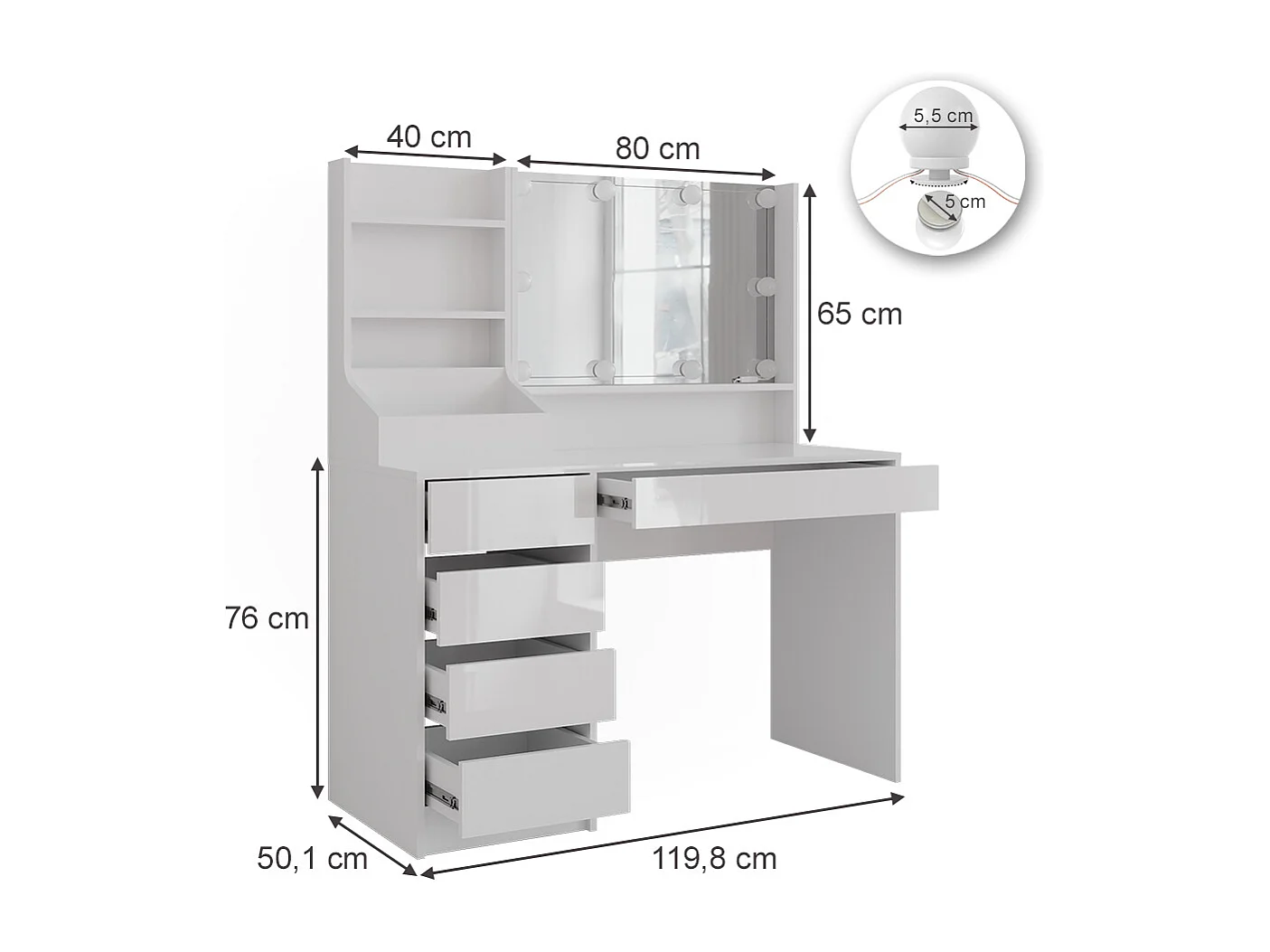 Vanity table white/white high gloss 119.8x50.1x76 sherry