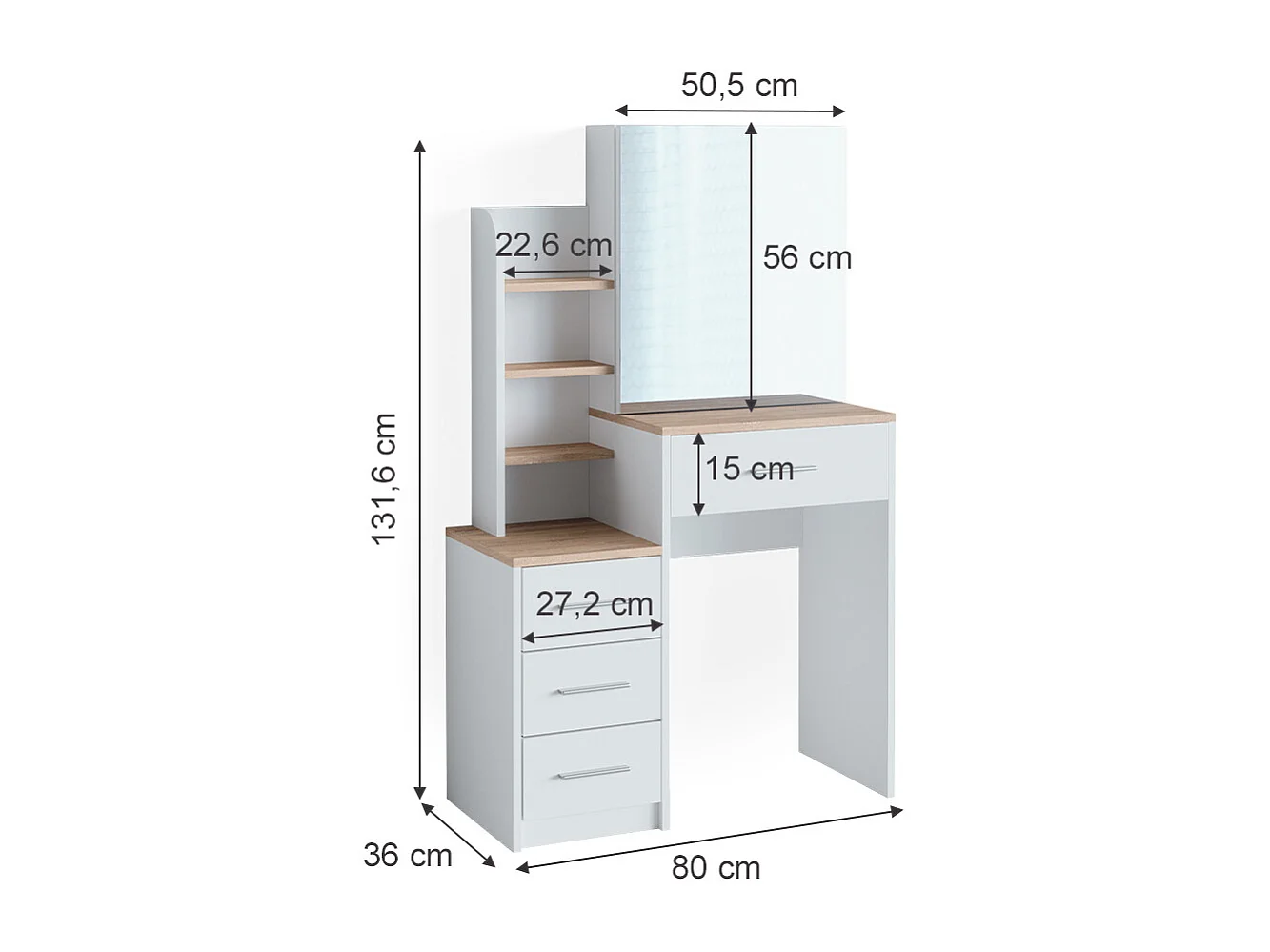 Vanity table white/sonoma 80x36x131.6 conrada