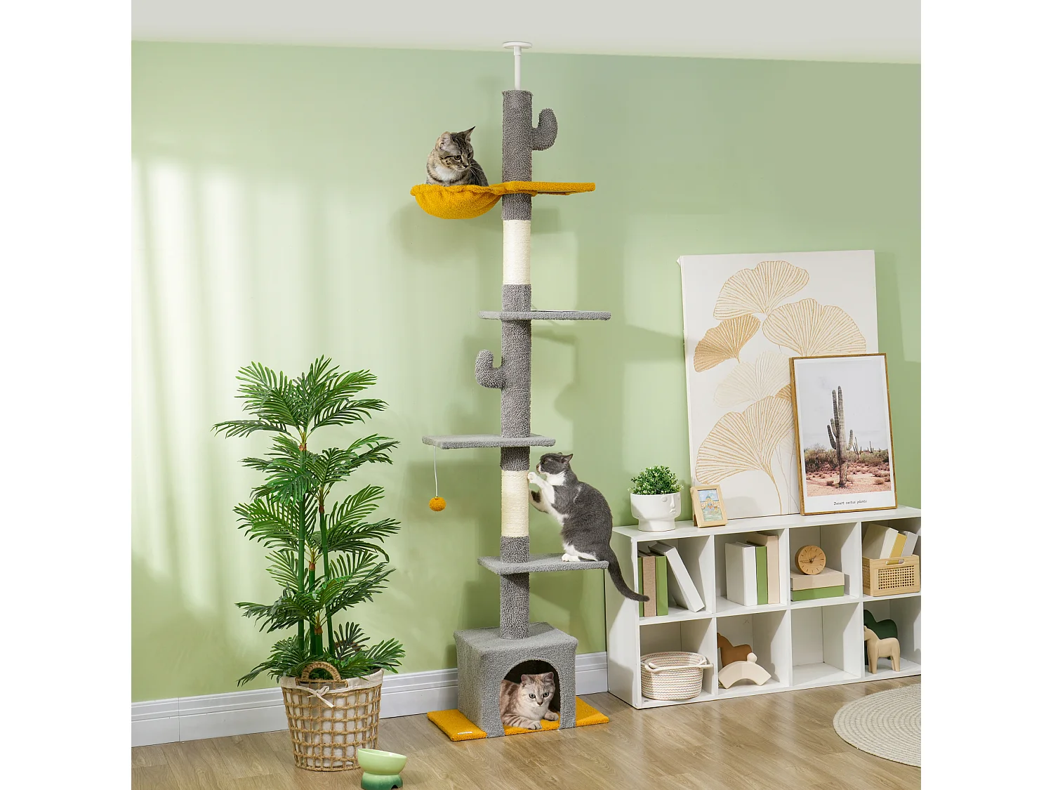 Arbre à chat cactus du sol au plafond - H. réglable 230-275 cm - 6 niv. équipement multiple - gris