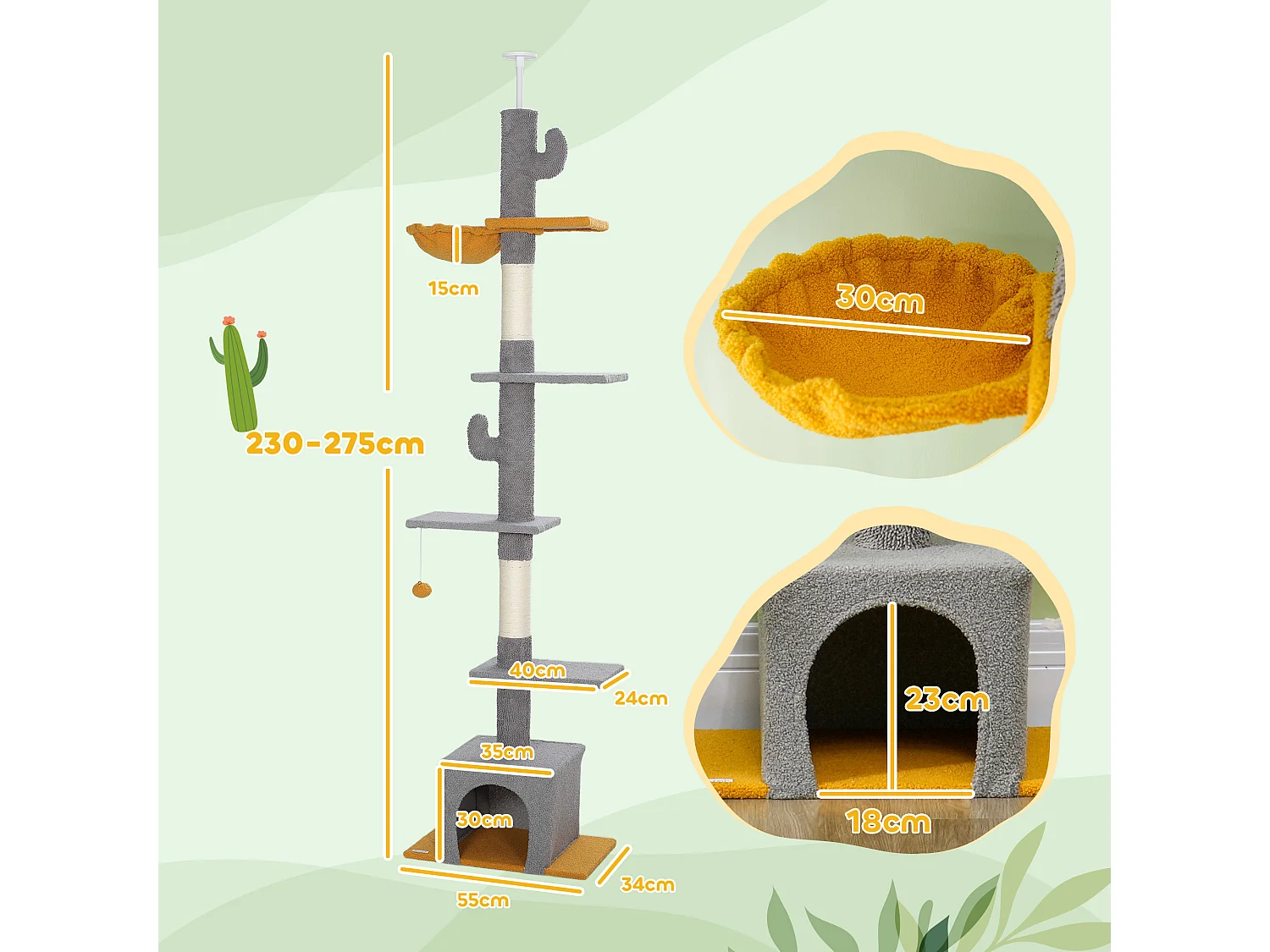 Arbre à chat cactus du sol au plafond - H. réglable 230-275 cm - 6 niv. équipement multiple - gris