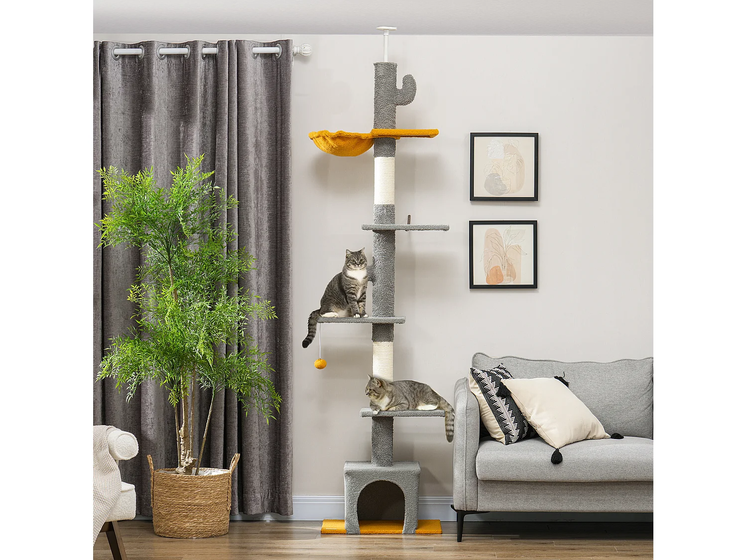 Arbre à chat cactus du sol au plafond - H. réglable 230-275 cm - 6 niv. équipement multiple - gris