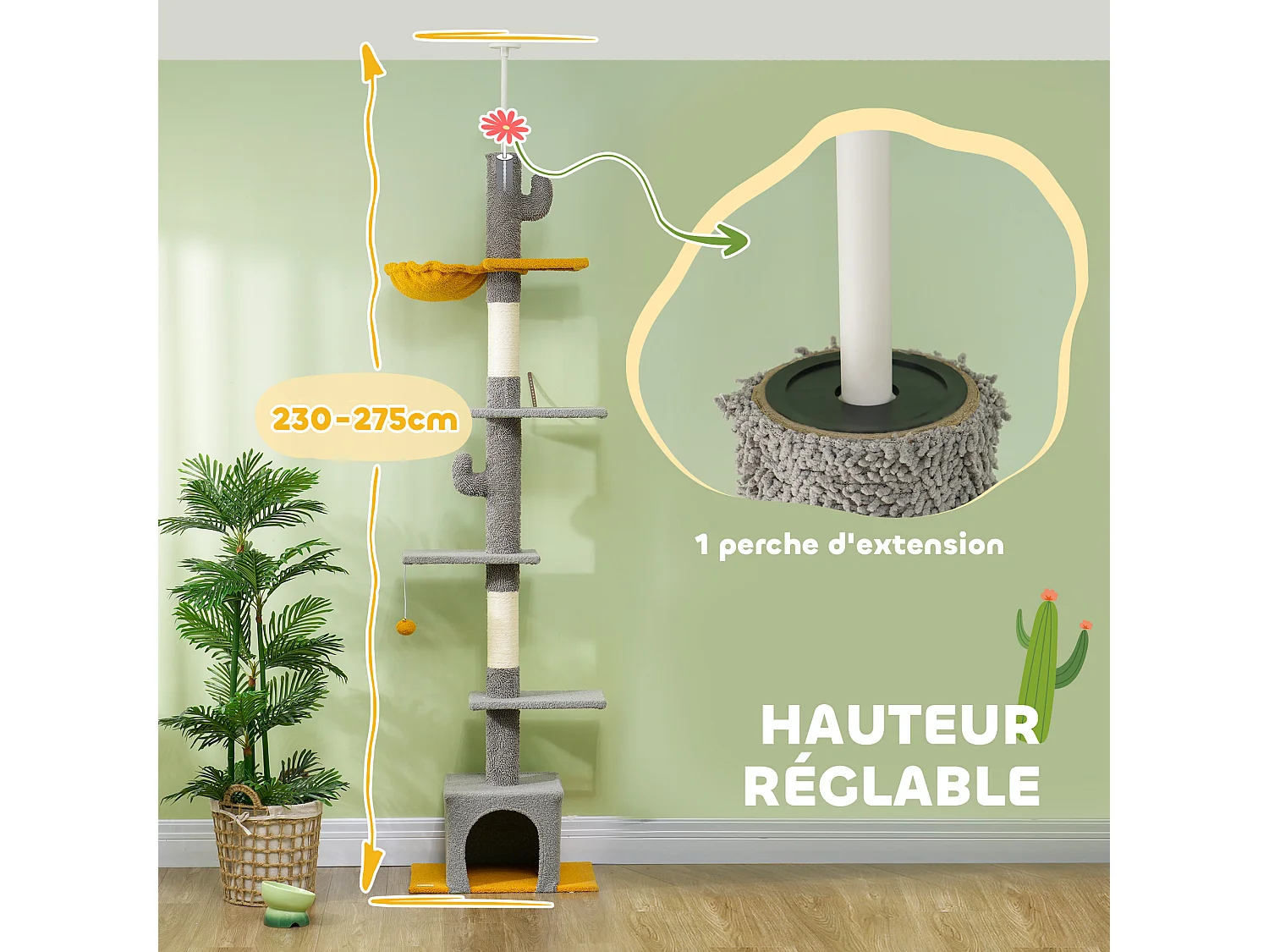 Arbre à chat cactus du sol au plafond - H. réglable 230-275 cm - 6 niv. équipement multiple - gris