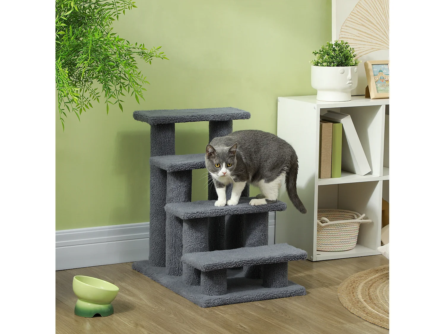 Escalier pour chat - escalier pour chien - 4 marches - revêtement flanelle grande douceur haute densité - structure panneaux particules - gris