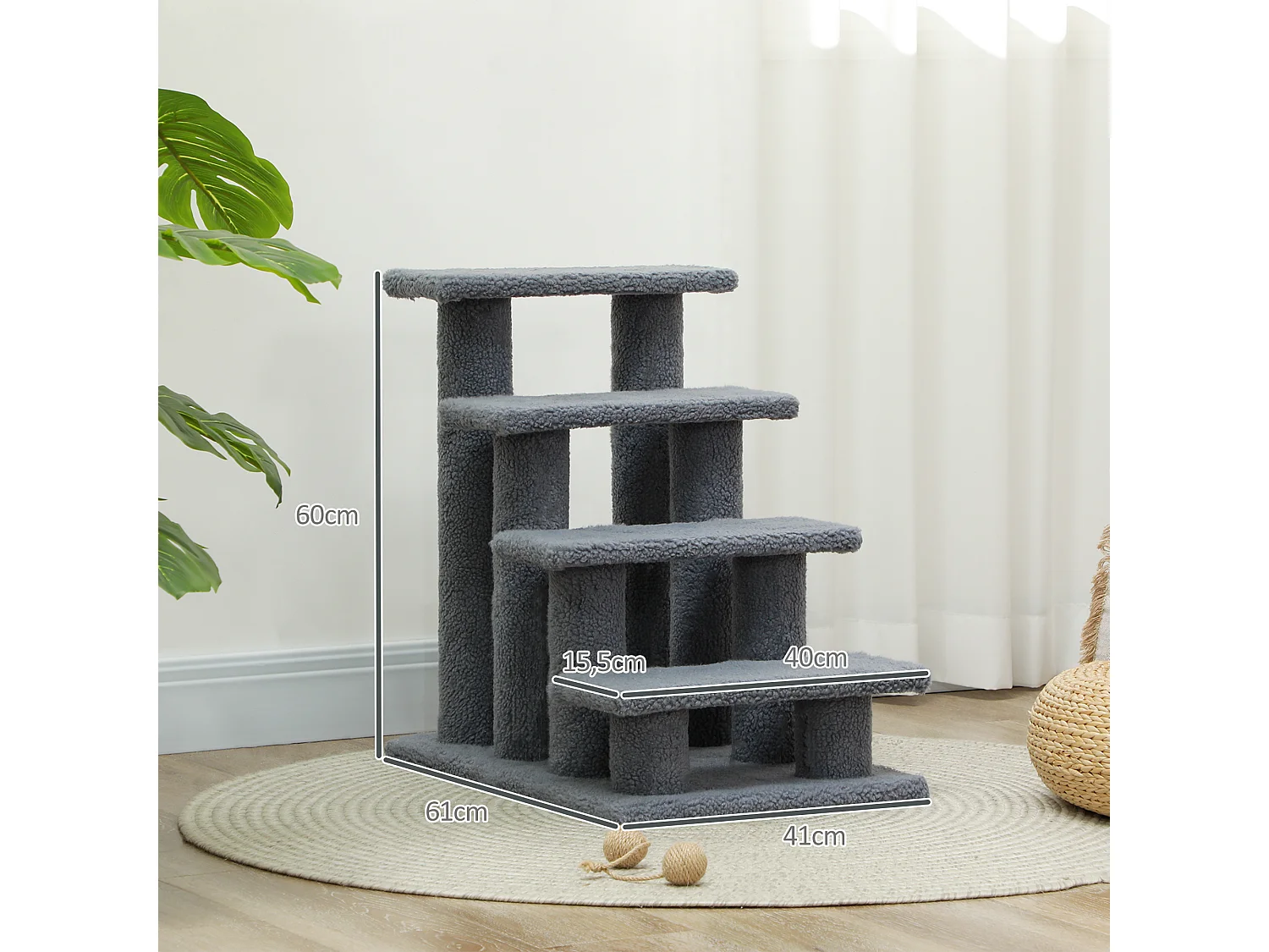 Escalier pour chat - escalier pour chien - 4 marches - revêtement flanelle grande douceur haute densité - structure panneaux particules - gris