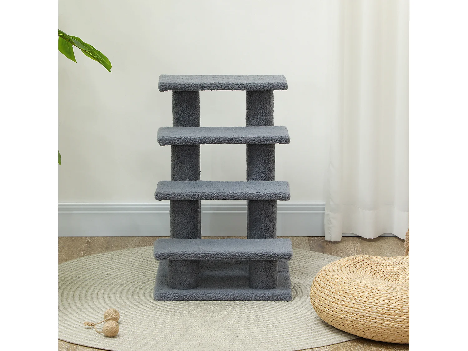 Escalier pour chat - escalier pour chien - 4 marches - revêtement flanelle grande douceur haute densité - structure panneaux particules - gris