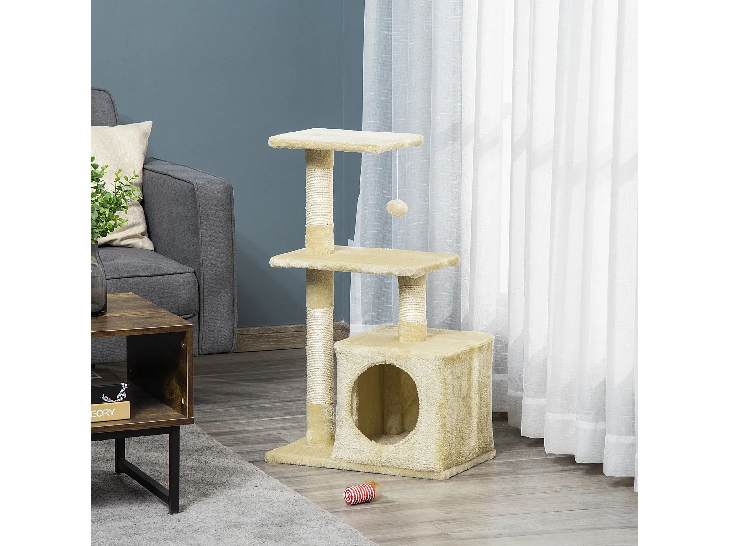 Arbre à chat H.81cm niche 3 griffoirs 2 plateformes jeu boule suspendue beige