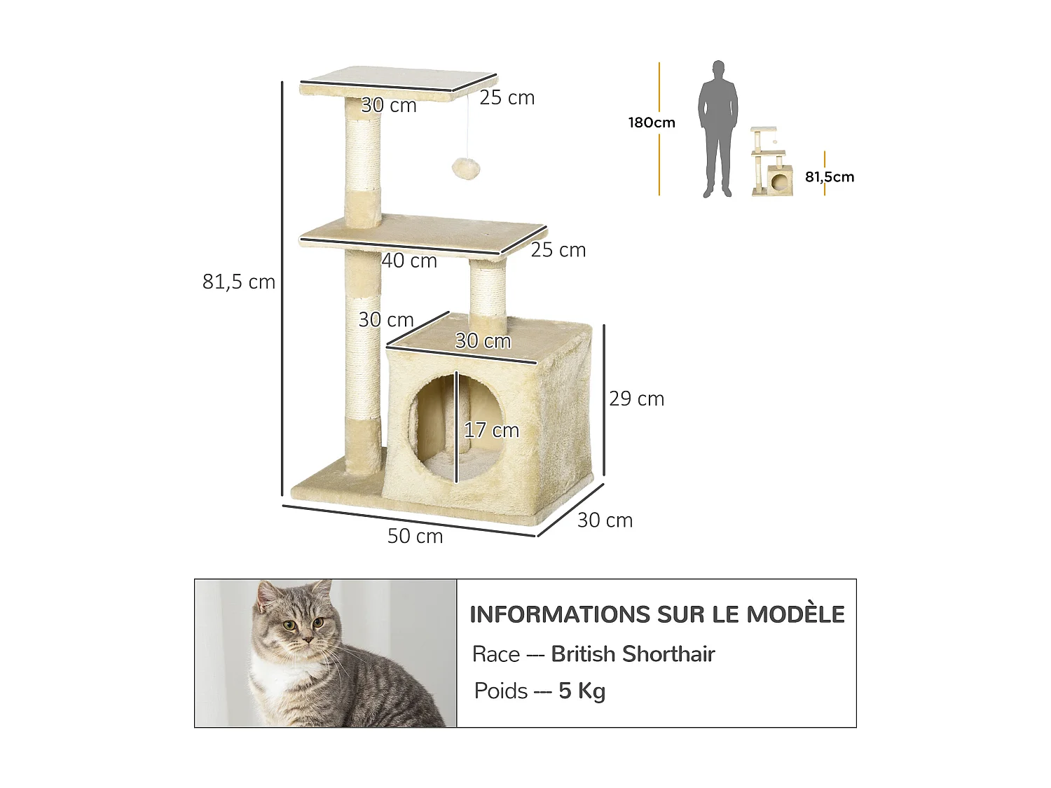 Arbre à chat H.81cm niche 3 griffoirs 2 plateformes jeu boule suspendue beige