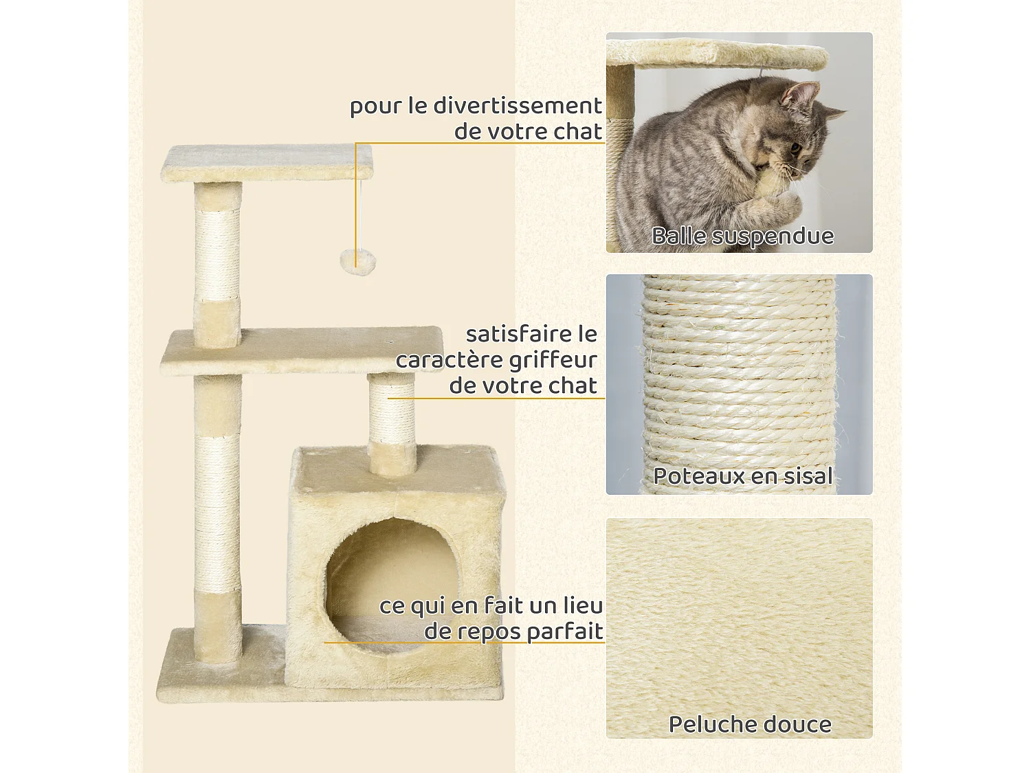 Arbre à chat H.81cm niche 3 griffoirs 2 plateformes jeu boule suspendue beige
