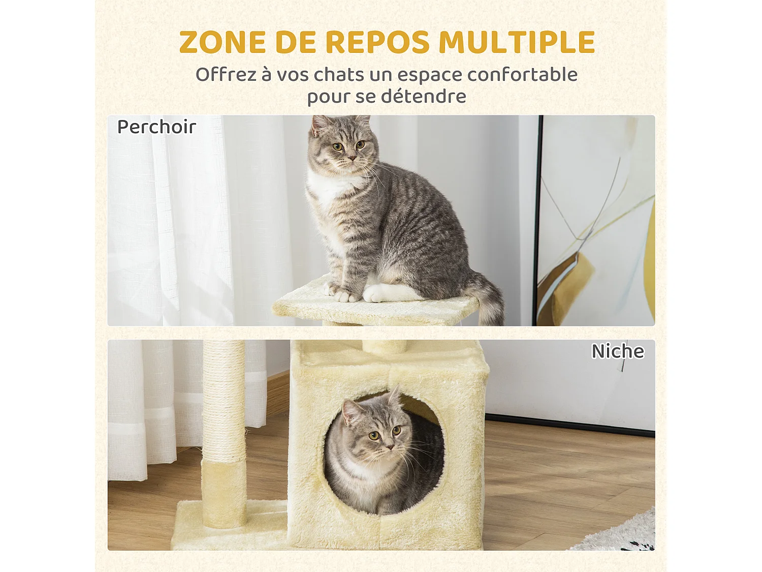 Arbre à chat H.81cm niche 3 griffoirs 2 plateformes jeu boule suspendue beige