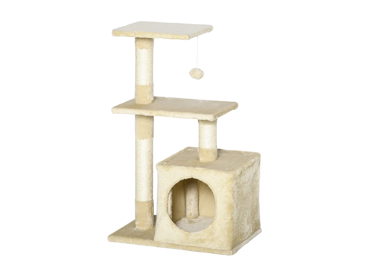 Arbre à chat H.81cm niche 3 griffoirs 2 plateformes jeu boule suspendue beige