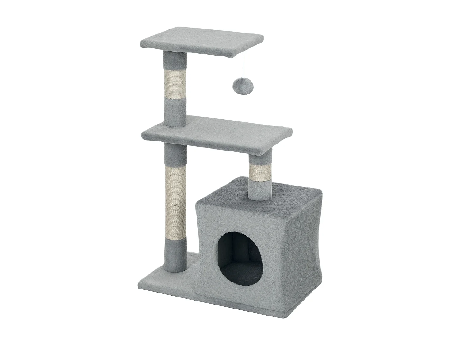 Arbre à chat H.81cm niche 3 griffoirs 2 plateformes jeu boule suspendue gris