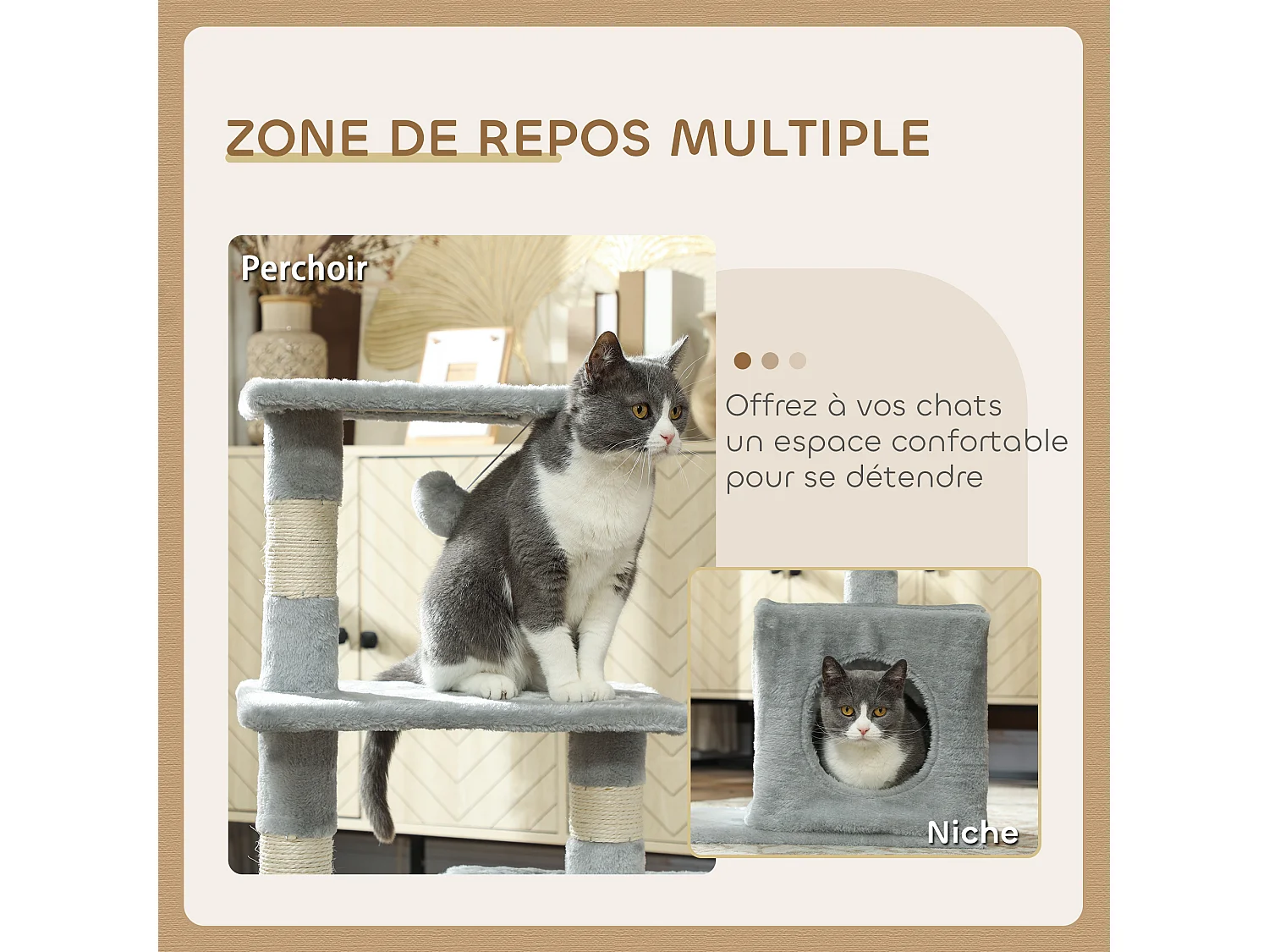 Arbre à chat H.81cm niche 3 griffoirs 2 plateformes jeu boule suspendue gris
