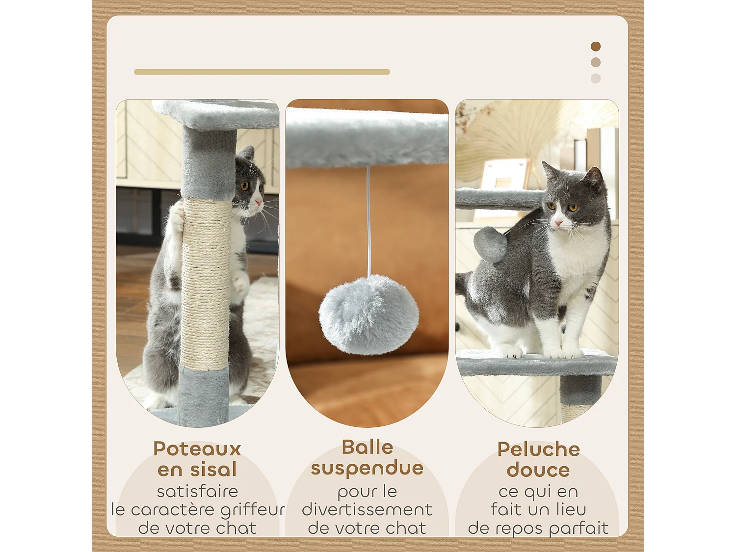 Arbre à chat H.81cm niche 3 griffoirs 2 plateformes jeu boule suspendue gris