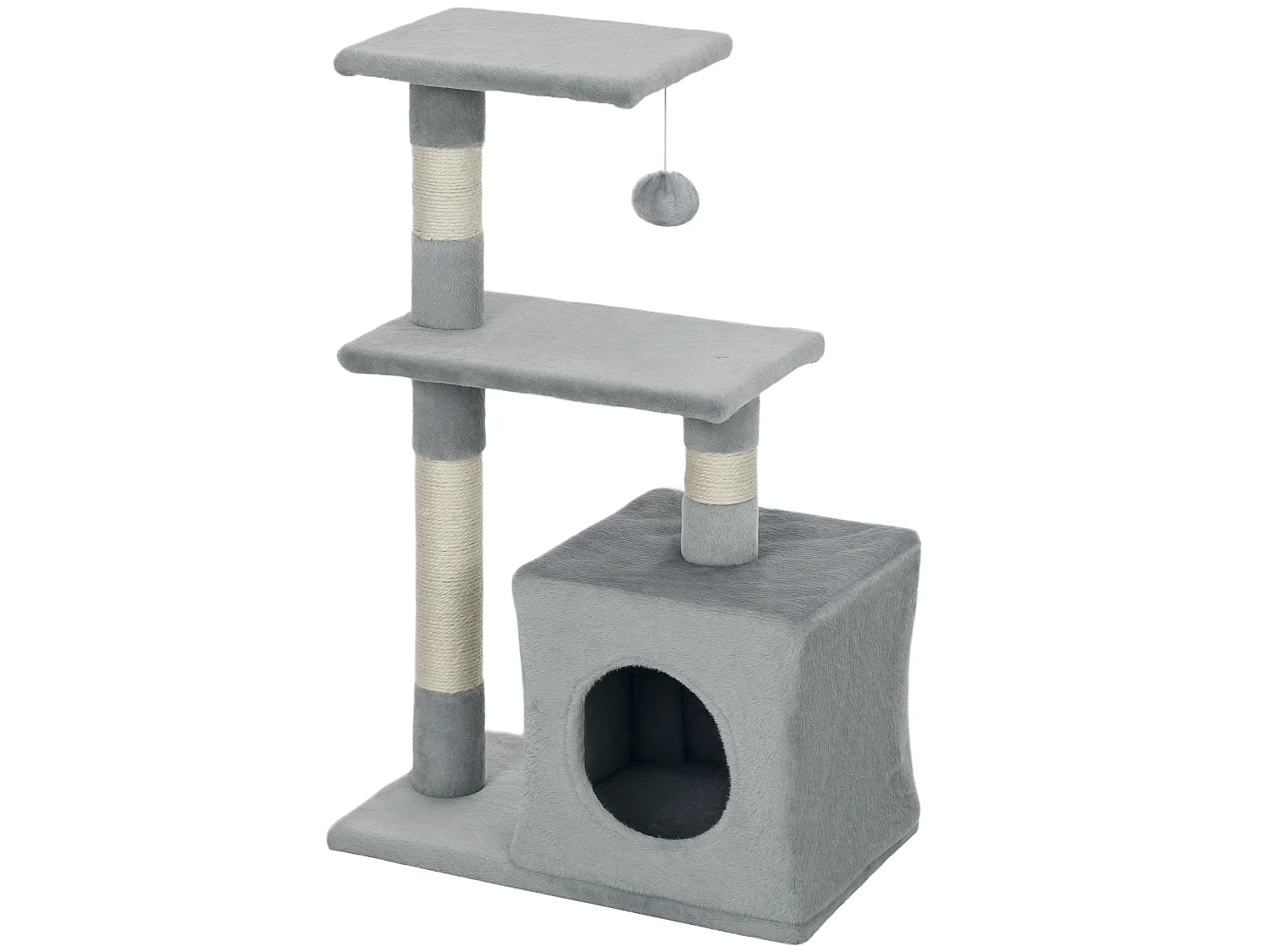 Arbre à chat H.81cm niche 3 griffoirs 2 plateformes jeu boule suspendue gris
