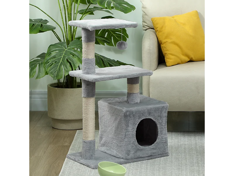 Arbre à chat H.81cm niche 3 griffoirs 2 plateformes jeu boule suspendue gris