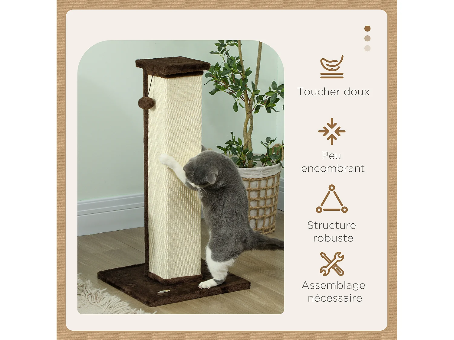 Griffoir tour pour chat H.81 cm - poteau à griffer avec jeu balle suspendue - peluche gris sisal naturel