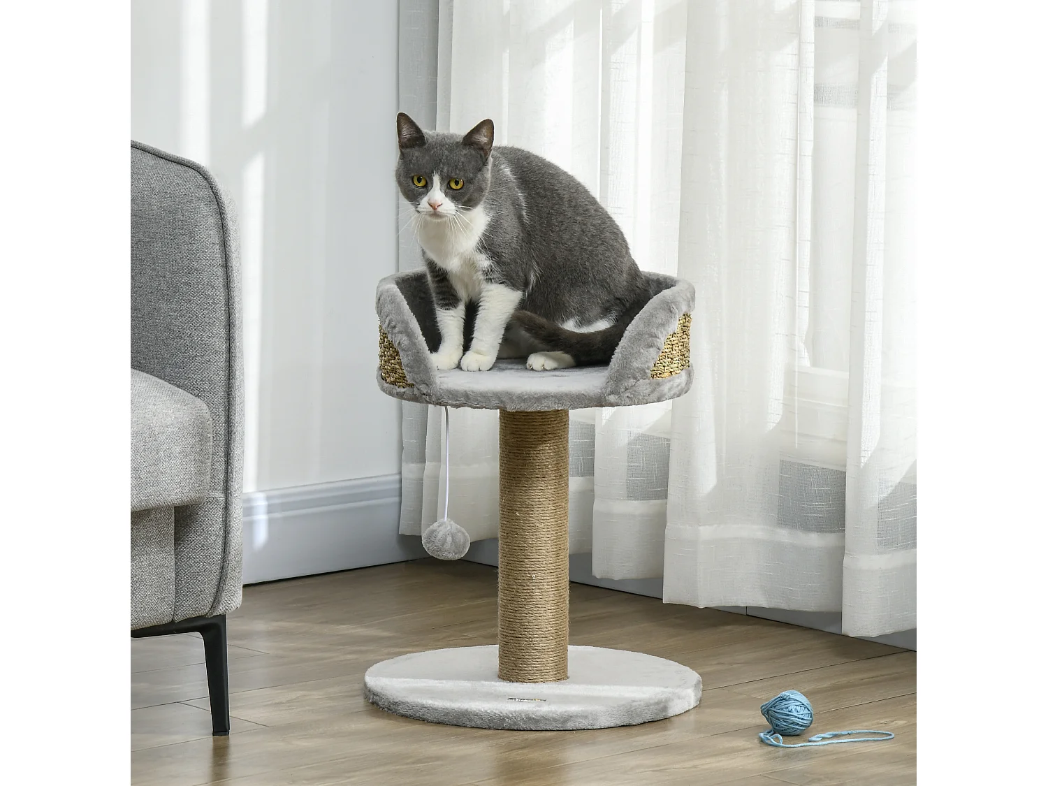 Arbre à chat griffoir 2 niveaux H. 49 cm - poteau sisal, plateforme observation, jeu de boule suspendue - jute polyester gris