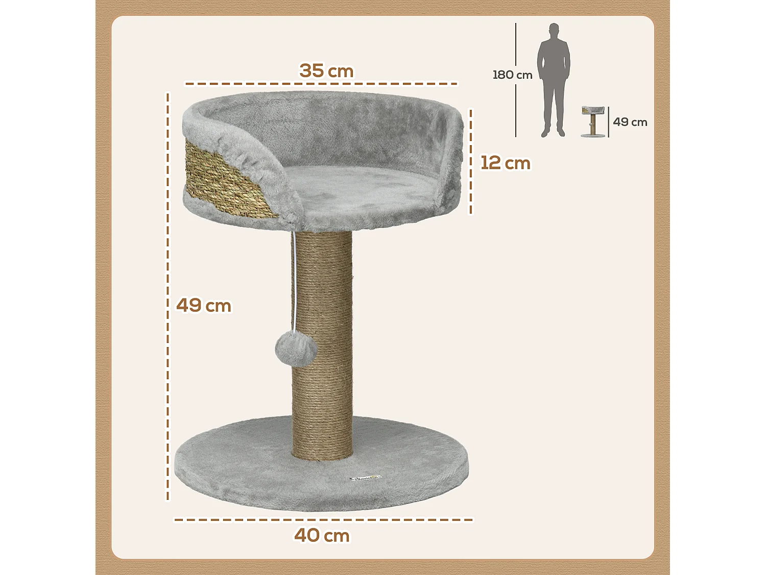Arbre à chat griffoir 2 niveaux H. 49 cm - poteau sisal, plateforme observation, jeu de boule suspendue - jute polyester gris