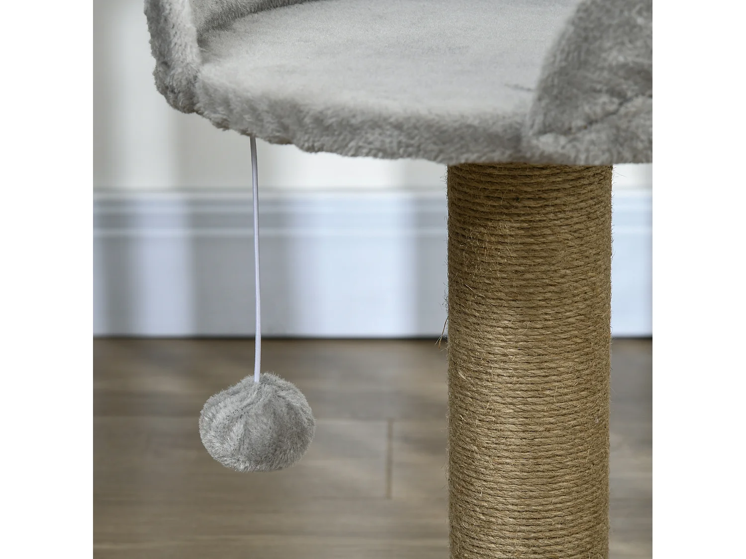 Arbre à chat griffoir 2 niveaux H. 49 cm - poteau sisal, plateforme observation, jeu de boule suspendue - jute polyester gris