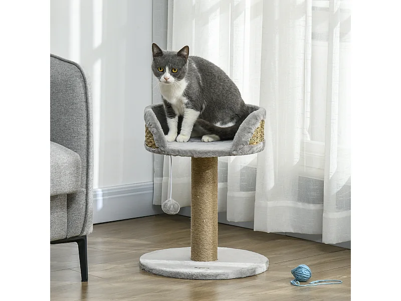 Arbre à chat griffoir 2 niveaux H. 49 cm - poteau sisal, plateforme observation, jeu de boule suspendue - jute polyester gris