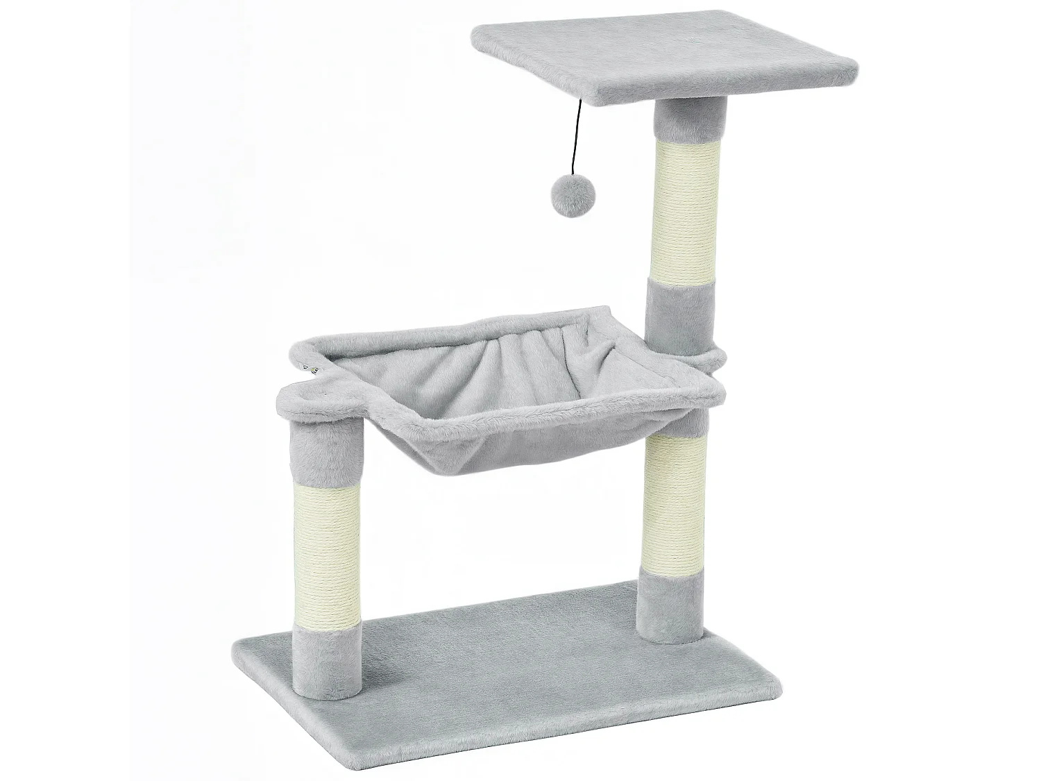 Arbre à chat 3 griffoirs grattoirs sisal naturel plateforme hamac et boule suspendue dim. 50L x 36l x 70H cm peluche haute densité 220 g/m² gris clair