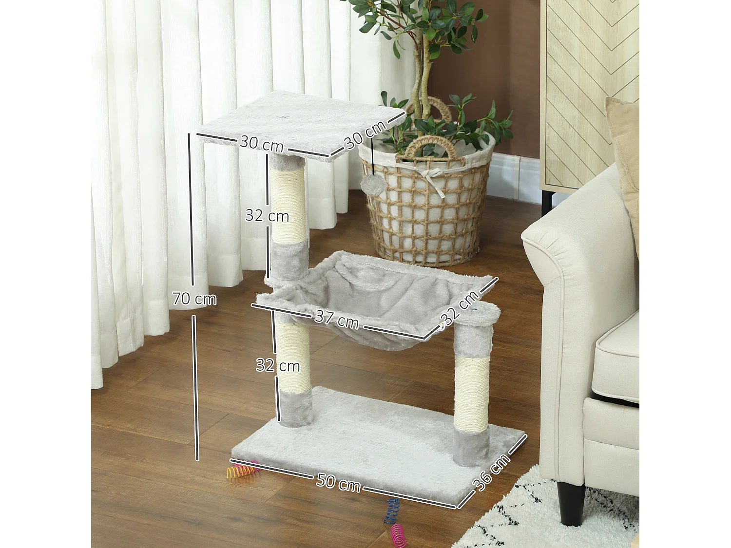 Arbre à chat 3 griffoirs grattoirs sisal naturel plateforme hamac et boule suspendue dim. 50L x 36l x 70H cm peluche haute densité 220 g/m² gris clair