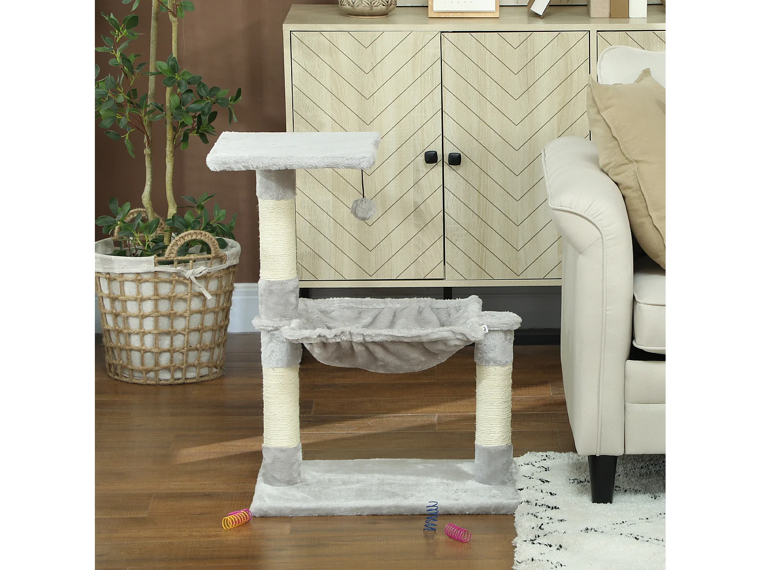 Arbre à chat 3 griffoirs grattoirs sisal naturel plateforme hamac et boule suspendue dim. 50L x 36l x 70H cm peluche haute densité 220 g/m² gris clair