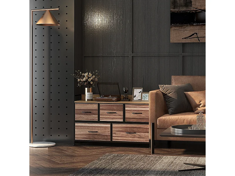 Commode 5 tiroirs et étagère - 98 x 29 x 63 cm - châssis métal noir tiroirs non tissés aspect bois