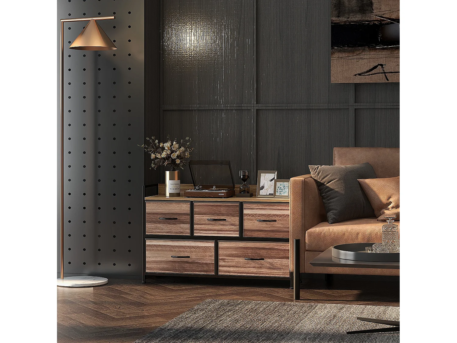 Commode 5 tiroirs et étagère - 98 x 29 x 63 cm - châssis métal noir tiroirs non tissés aspect bois