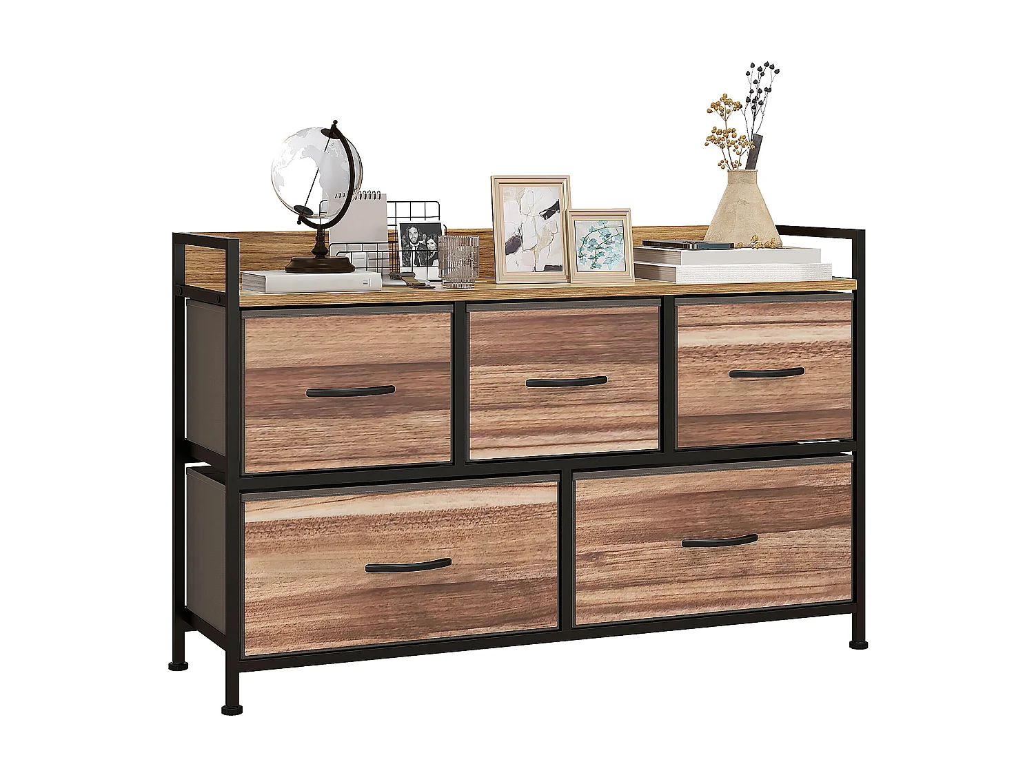 Commode 5 tiroirs et étagère - 98 x 29 x 63 cm - châssis métal noir tiroirs non tissés aspect bois